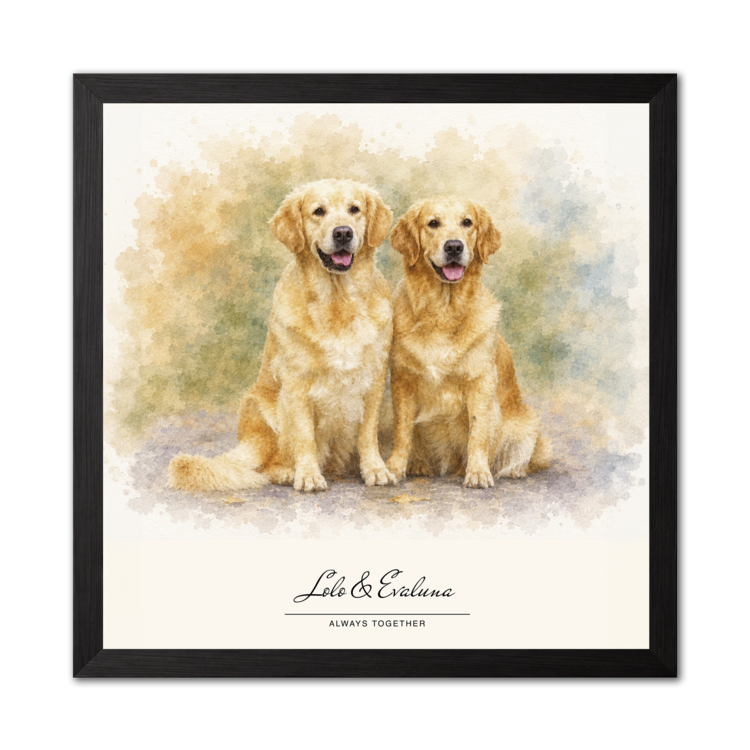 Framed artwork of two golden retrievers with a watercolor background