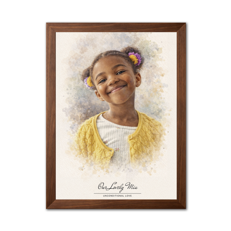 Framed portrait of a young girl wearing a yellow sweater on a white background