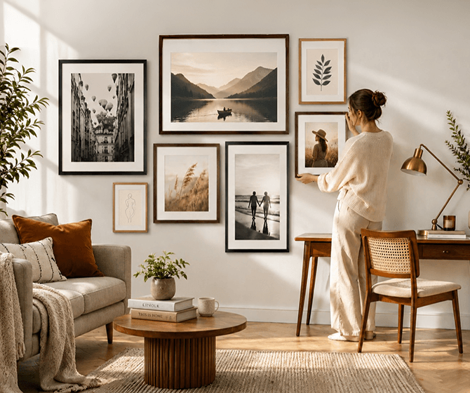 Woman arranging a gallery wall of wooden picture frames with personalized photo prints in a bright modern living room.