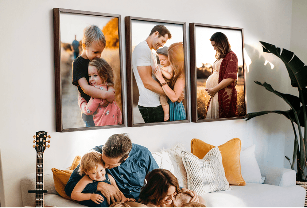 Solid walnut gallery wall frame set with personalized family photos in large wooden picture frames